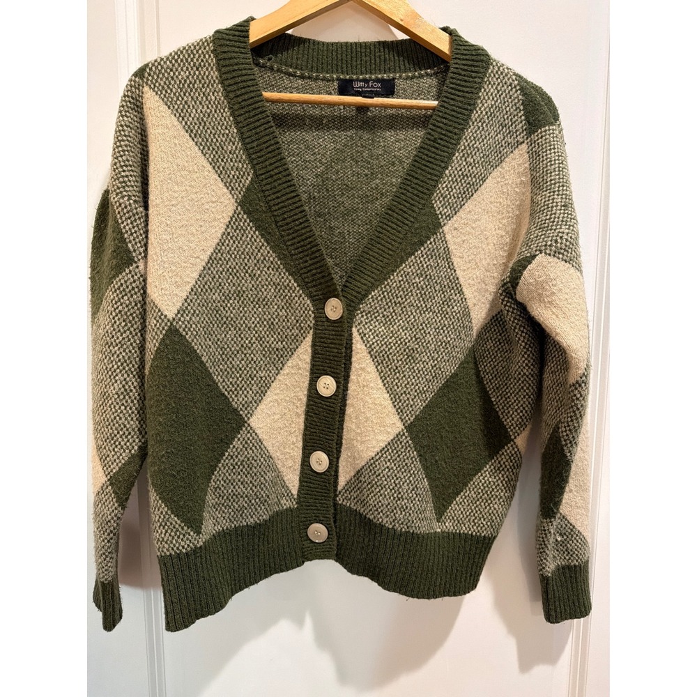 Witty Fox Green Argyle Cardigan Sweater V-Neck Button Front Size Small